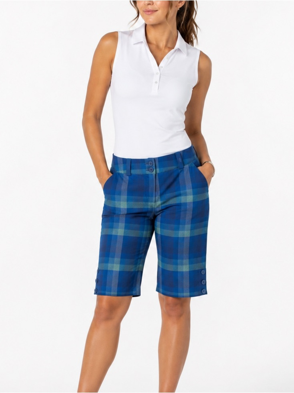 Nike Golf Dri-FIT Blue Plaid Bermuda Golf Shorts Women’s Size 8 Stretch